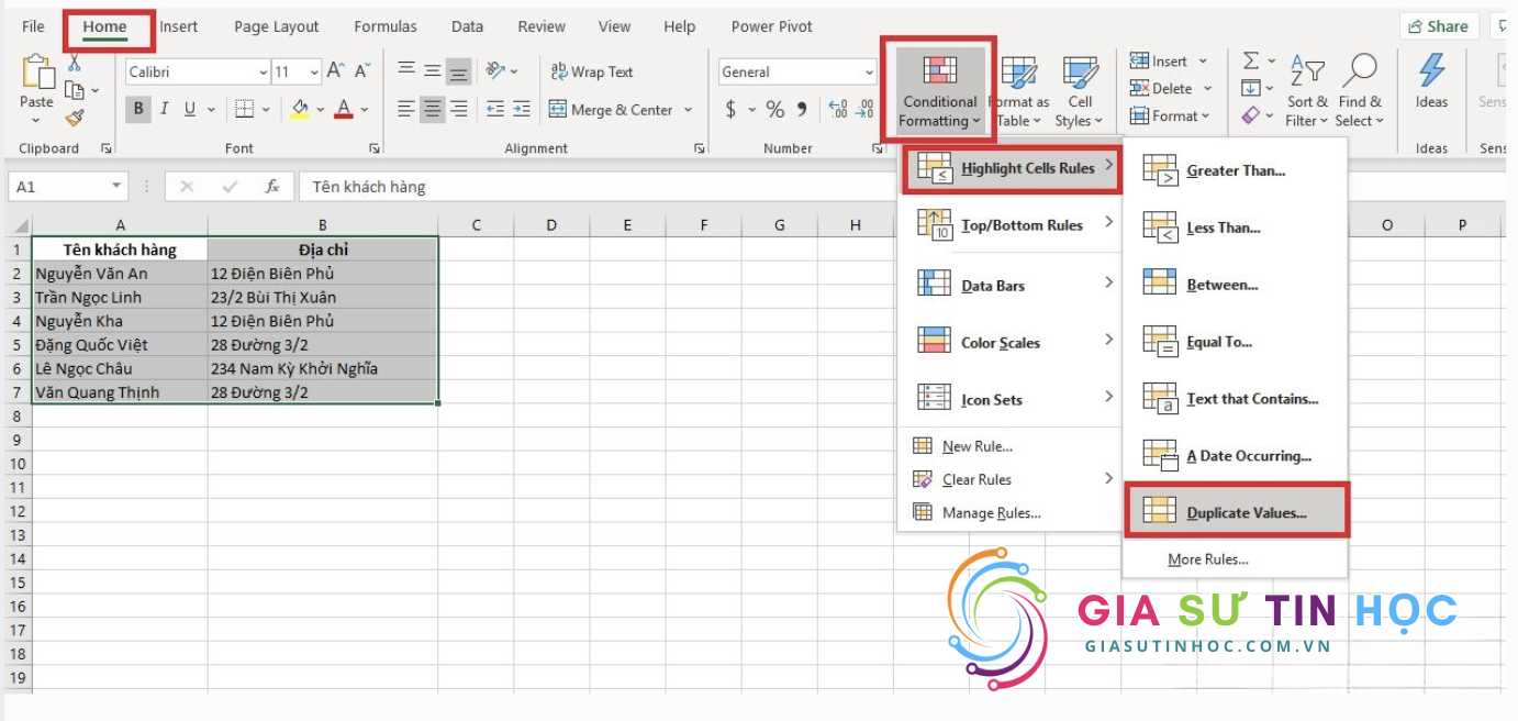 Đầu tiên hãy bôi đen bảng tính -> vào tab Home -> Conditional Formatting -> Highlight Cells Rules -> Duplicate Values