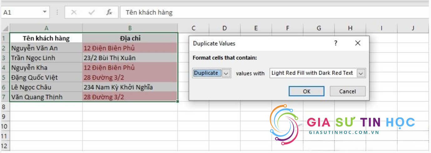Tùy chọn Duplicate Values hiện ra: chúng ta có thể chọn màu và các kiểu bôi màu nền và chữ để đánh dấu các trùng lắp và sau đó chọn OK. Như vậy chúng ta đã đánh dấu được các giá trị trùng lặp trong bảng tính đã chọn.