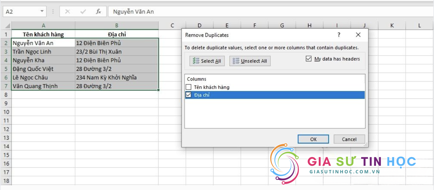 Bảng tùy chọn Remove Duplicates hiện ra